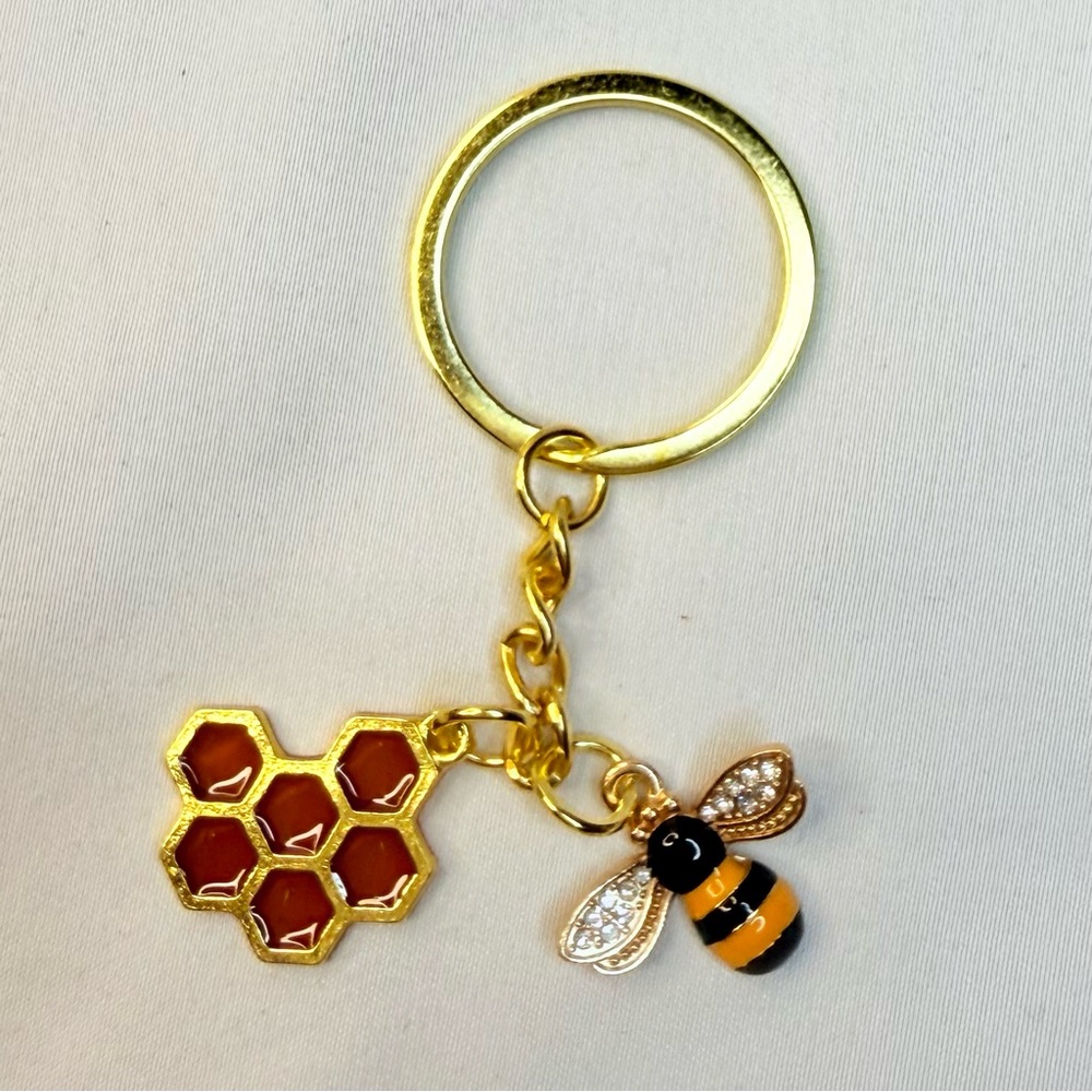 Gold Honeycomb and Bee Bag Charm Keychain